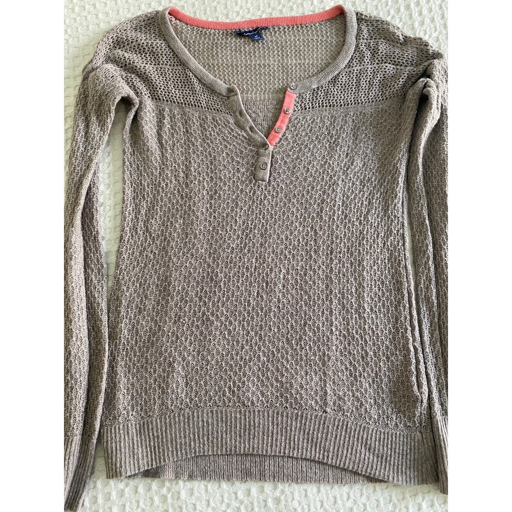 American Eagle Outfitters Womens Taupe Pointelle Knit Henley Sweater Small Coral